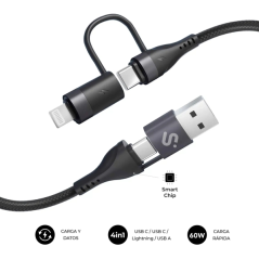 Câble Subblim Top 4 en 1 - USB-A USB-C Lightning - 60 W - Nylon tressé - Charge rapide - 1 mètre