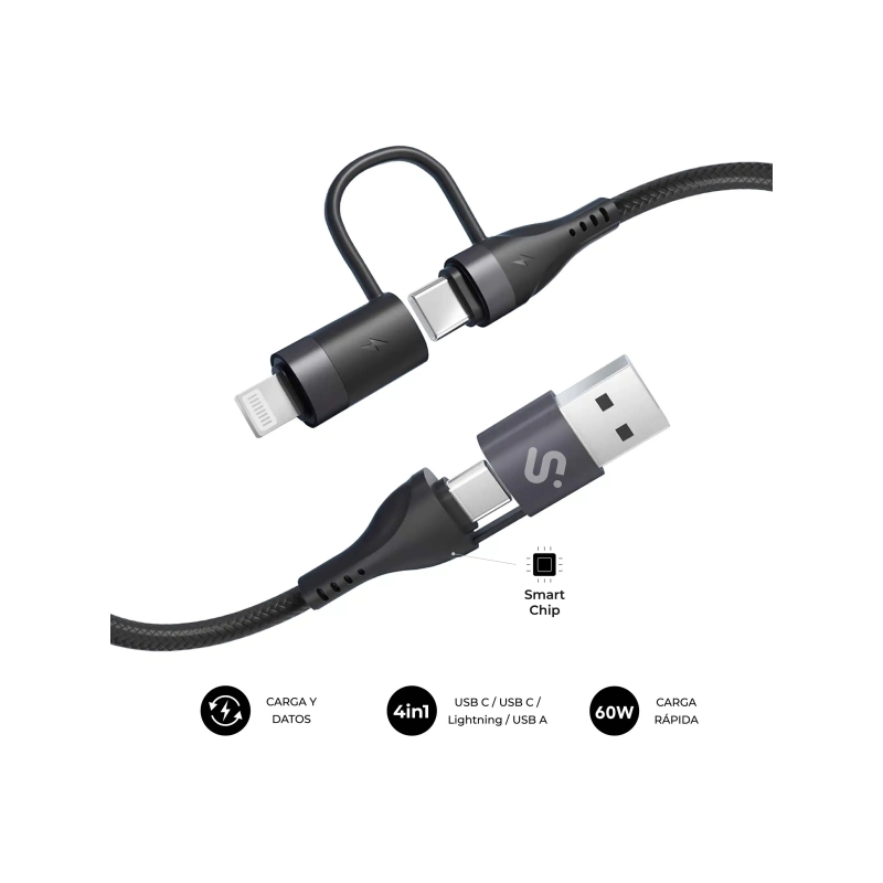 Câble Subblim Top 4 en 1 - USB-A USB-C Lightning - 60 W - Nylon tressé - Charge rapide - 1 mètre