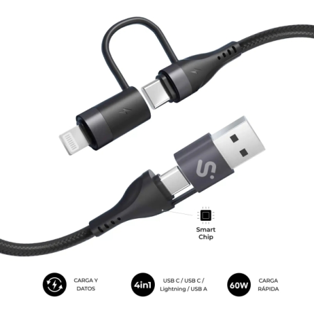 Câble Subblim Top 4 en 1 - USB-A USB-C Lightning - 60 W - Nylon tressé - Charge rapide - 1 mètre