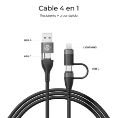 Câble Subblim Top 4 en 1 - USB-A USB-C Lightning - 60 W - Nylon tressé - Charge rapide - 1 mètre