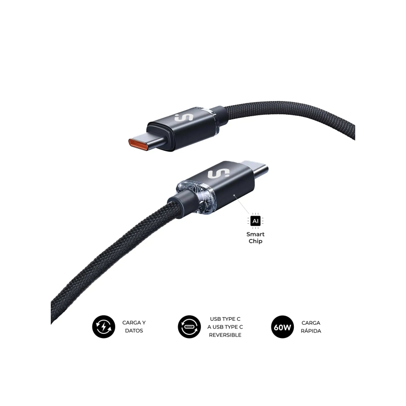 Câble USB-C Subblim Optimus - 60 W - Nylon tressé - 480 Mbps - 1 mètre - Noir