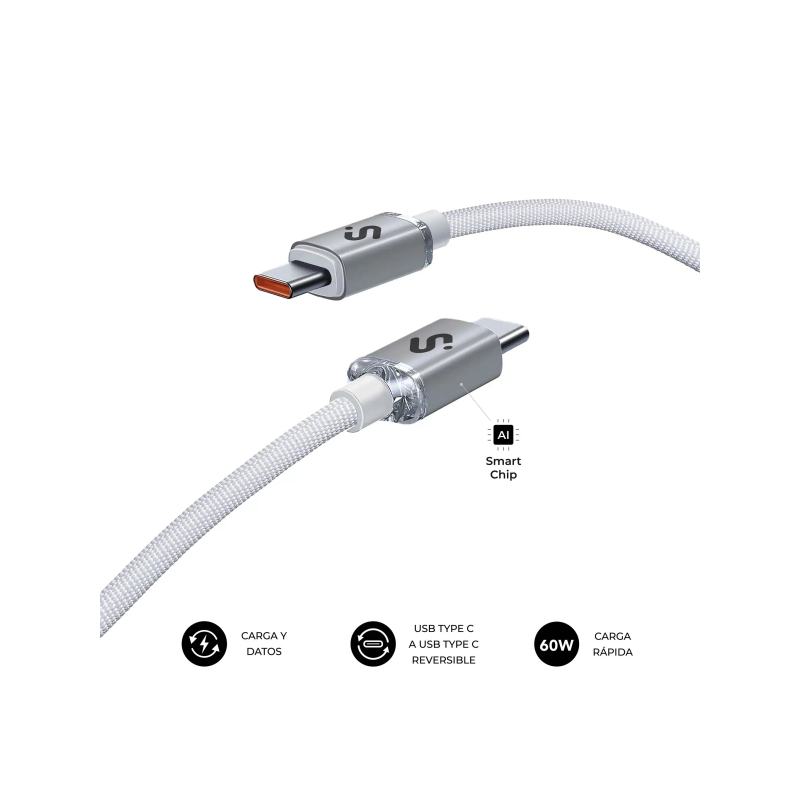 Câble USB-C Subblim Optimus - 60 W - Nylon tressé - 480 Mbps - 1 mètre - Blanc