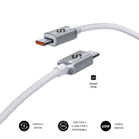 Câble USB-C Subblim Optimus - 60 W - Nylon tressé - 480 Mbps - 2 mètres - Blanc