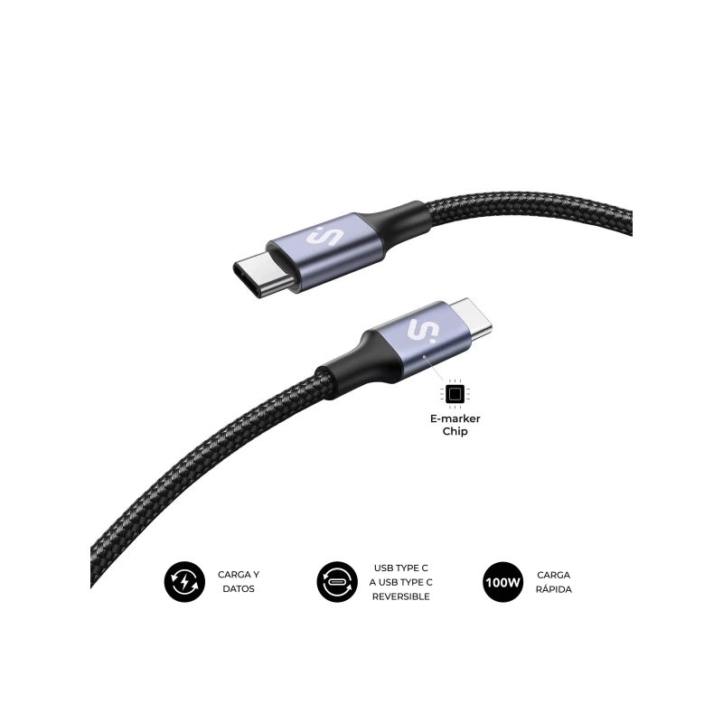Câble Subblim Plus USB-C - 100 W - Nylon tressé - 480 Mbps - Puce E-Marker - 2 mètres - Couleur noire