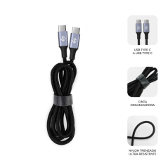 Câble Subblim Plus USB-C - 100 W - Nylon tressé - 480 Mbps - Puce E-Marker - 2 mètres - Couleur noire