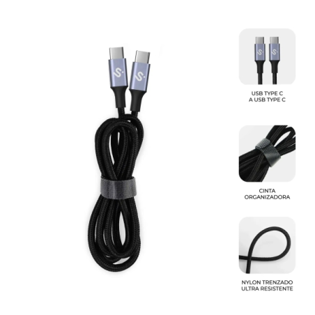 Câble Subblim Plus USB-C - 100 W - Nylon tressé - 480 Mbps - Puce E-Marker - 2 mètres - Couleur noire