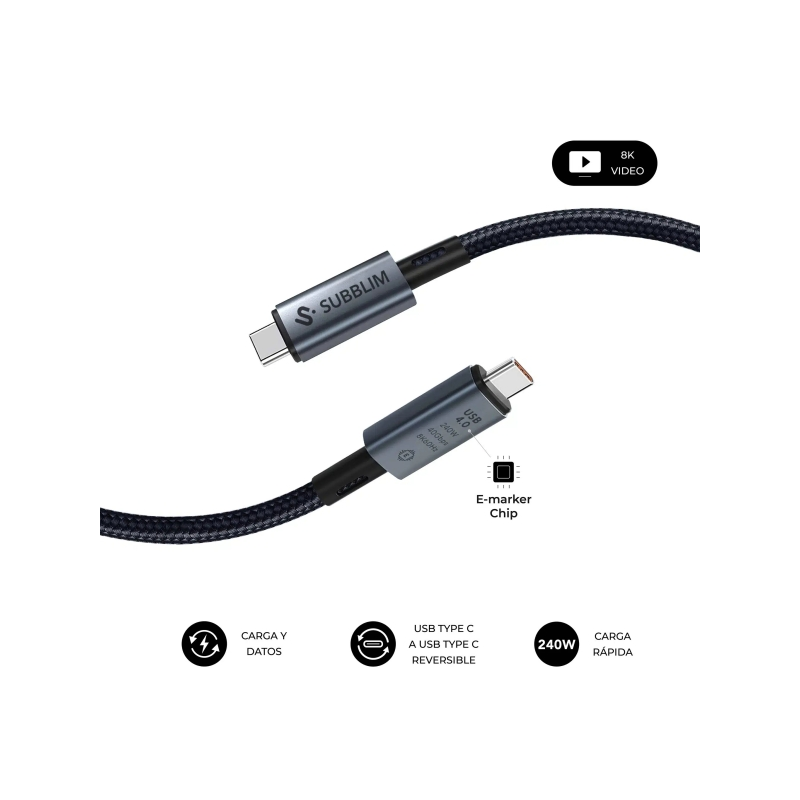 Câble USB-C Subblim High Power - 240 W - Nylon tressé - 40 Gbit/s - Puce E-Marker - 1,5 mètre - Noir