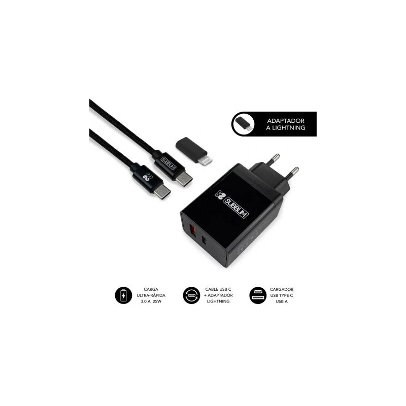 Chargeur secteur Subblim 2 ports - 25W - PD Quick Charge 3.0/2.0/Quick Charge 3.0 4.0 2.0 - Câble USB C réversible - Noir