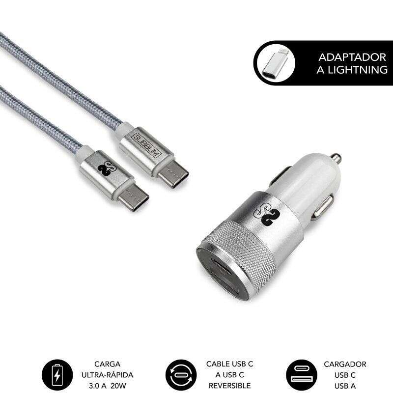 Chargeur de voiture Subblim Dual PD20W+QC3.0+Câble C vers C/Lightning - 20W - Charge rapide simultanée - Câble USB C réversible