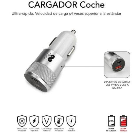 Chargeur de voiture Subblim Dual PD20W+QC3.0+Câble C vers C/Lightning - 20W - Charge rapide simultanée - Câble USB C réversible