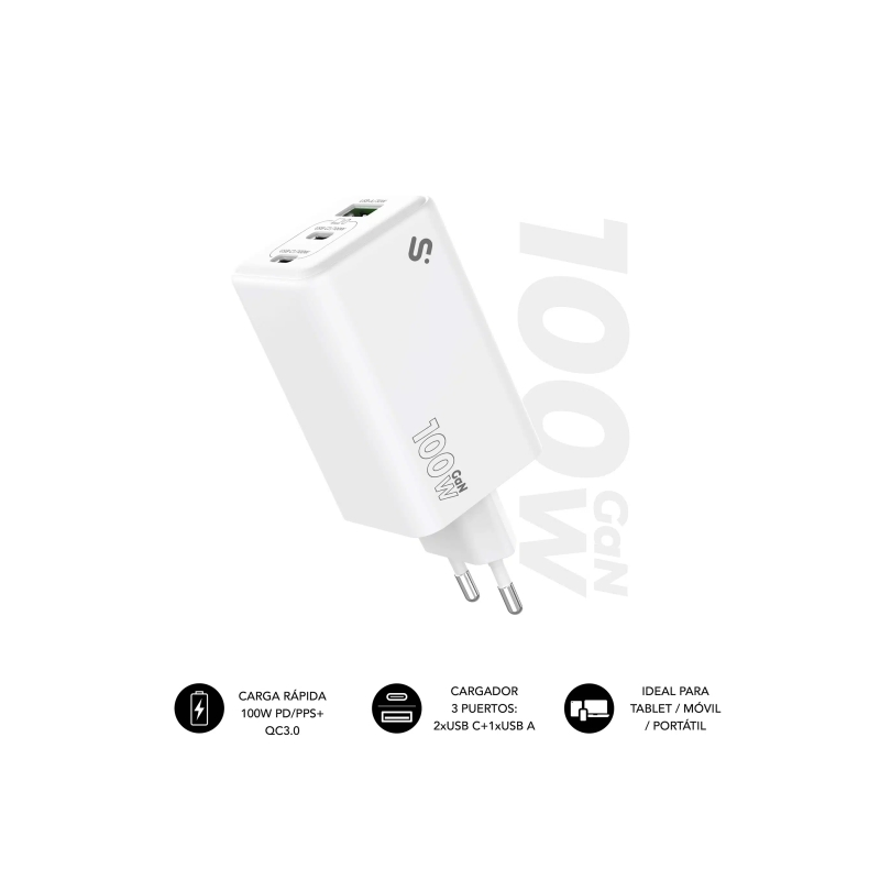 Chargeur mural Subblim GaN 100 W - 3 ports (2 x USB-C + 1 x USB-A) - Charge ultra rapide - Blanc