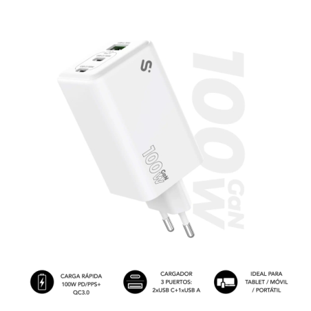 Chargeur mural Subblim GaN 100 W - 3 ports (2 x USB-C + 1 x USB-A) - Charge ultra rapide - Blanc