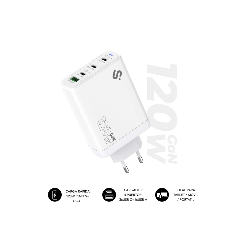 Chargeur mural Subblim GaN 120 W - 4 ports (3 x USB-C + 1 x USB-A) - Charge ultra rapide - Blanc