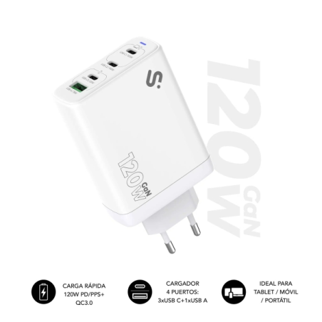 Chargeur mural Subblim GaN 120 W - 4 ports (3 x USB-C + 1 x USB-A) - Charge ultra rapide - Blanc