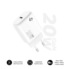 Chargeur mural Subblim GaN 20 W - USB-C - Charge rapide - Blanc