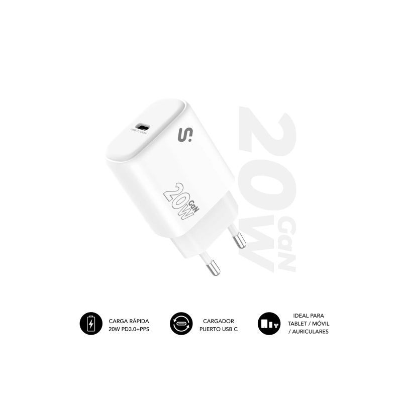 Chargeur mural Subblim GaN 20 W - USB-C - Charge rapide - Blanc