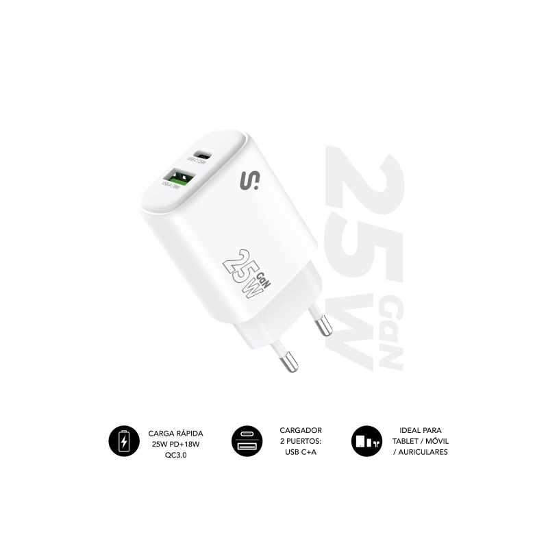 Chargeur mural Subblim 25 W GaN - USB-C + USB-A - Charge rapide - Blanc