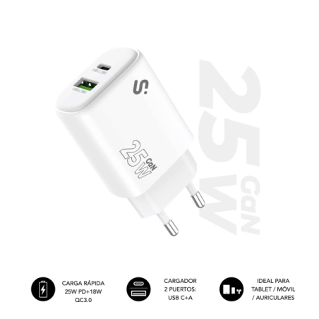Chargeur mural Subblim 25 W GaN - USB-C + USB-A - Charge rapide - Blanc