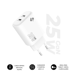 Chargeur mural Subblim GaN 25 W - 2 x USB-C - Charge rapide - Blanc