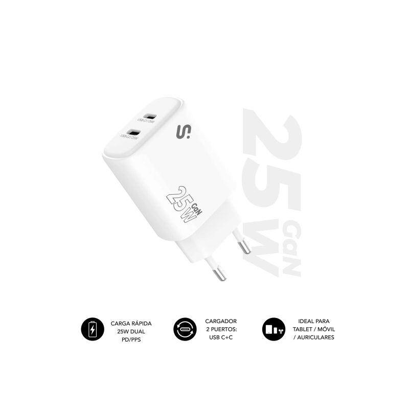 Chargeur mural Subblim GaN 25 W - 2 x USB-C - Charge rapide - Blanc