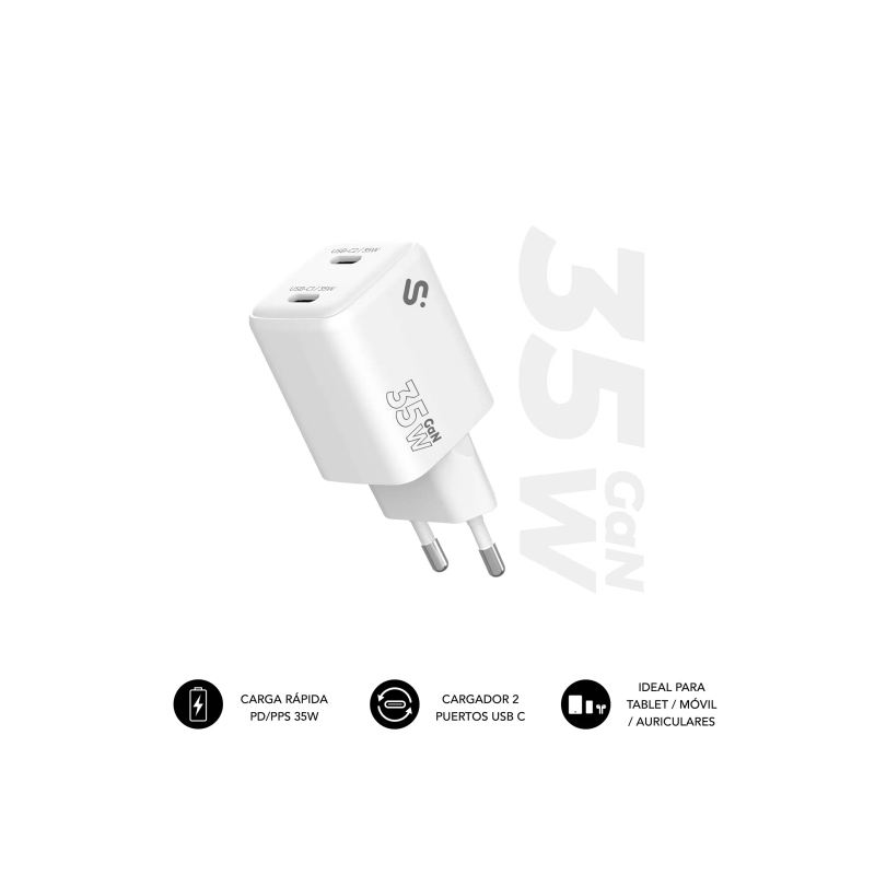 Chargeur mural Subblim GaN 35 W - 2 ports USB-C - Charge rapide - Blanc