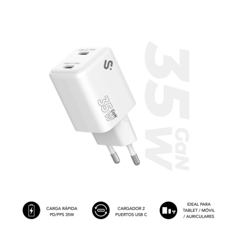 Chargeur mural Subblim GaN 35 W - 2 ports USB-C - Charge rapide - Blanc