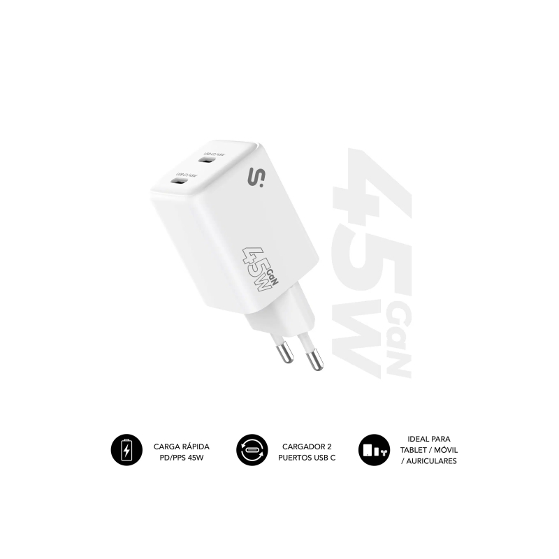 Chargeur mural Subblim 45 W GaN - 2 ports USB-C - Charge ultra-rapide - Blanc