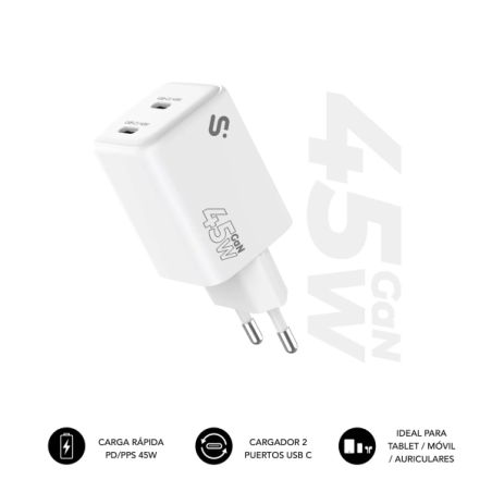 Chargeur mural Subblim 45 W GaN - 2 ports USB-C - Charge ultra-rapide - Blanc