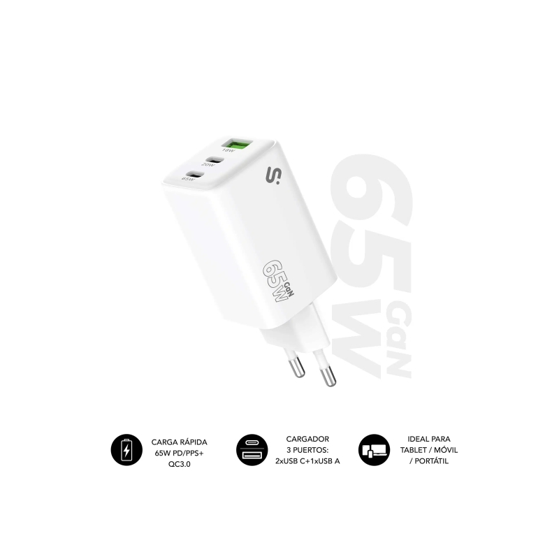 Chargeur mural Subblim GaN 65 W - 3 ports (2 x USB-C + 1 x USB-A) - Charge ultra rapide - Blanc