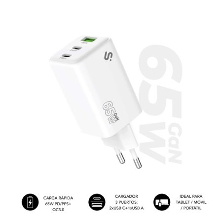 Chargeur mural Subblim GaN 65 W - 3 ports (2 x USB-C + 1 x USB-A) - Charge ultra rapide - Blanc