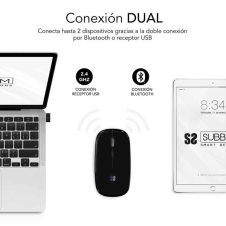 Souris Subblim Dual Flat - Double connectivité - Technologie Silent Click - Batterie longue durée - Design élégant - Couleur noi