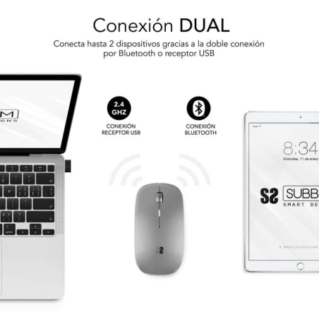 Souris Subblim Dual Flat - Double connexion - Silent Click - Batterie rechargeable - Molette en silicone - Précision 1600 DPI -