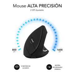 Souris verticale Subblim Glide Vertical Ergo Dual Bluetooth, USB 2.4Ghz 4000dpi - 5 Boutons - Utilisation droitier - Couleur Noi