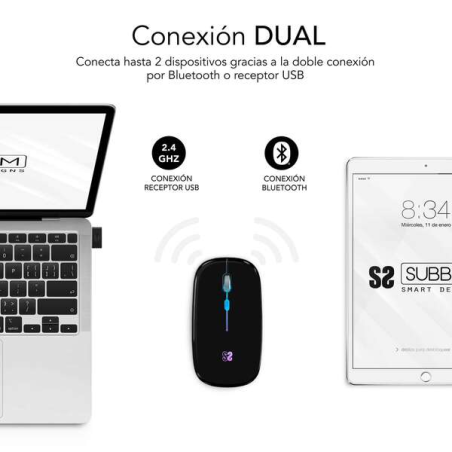 Souris Subblim Dual Flat LED - Double Connectivité - Technologie Silent Click - Éclairage LED en 7 Couleurs - Finition Noir ou B