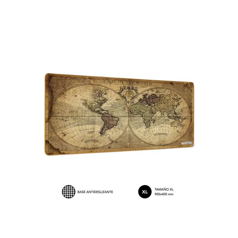 Sous-main de bureau Subblim Carte du monde vintage - Taille 900x400x3 mm - Espace pour souris et clavier - Résistant à l'eau - B