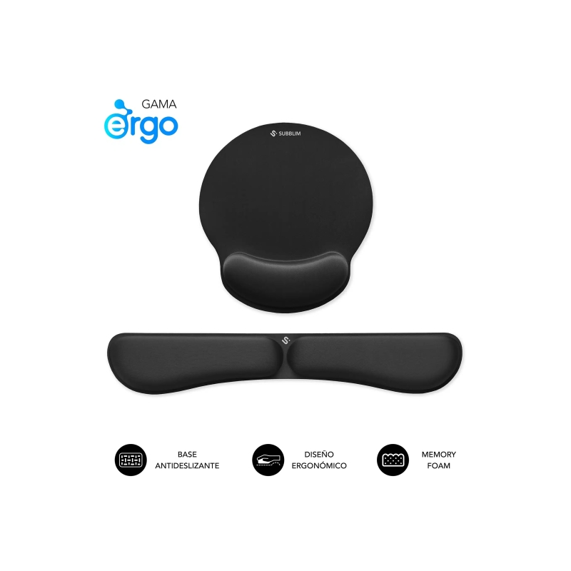 Tapis de souris ergonomique Subblim Pack Ergo MemoryFlex et repose-poignet pour clavier - Mousse résistante - Micro-texturée imp