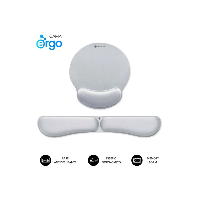 Tapis de souris ergonomique Subblim Pack Ergo MemoryFlex et repose-poignet pour clavier - Mousse résistante - Micro-texturée imp