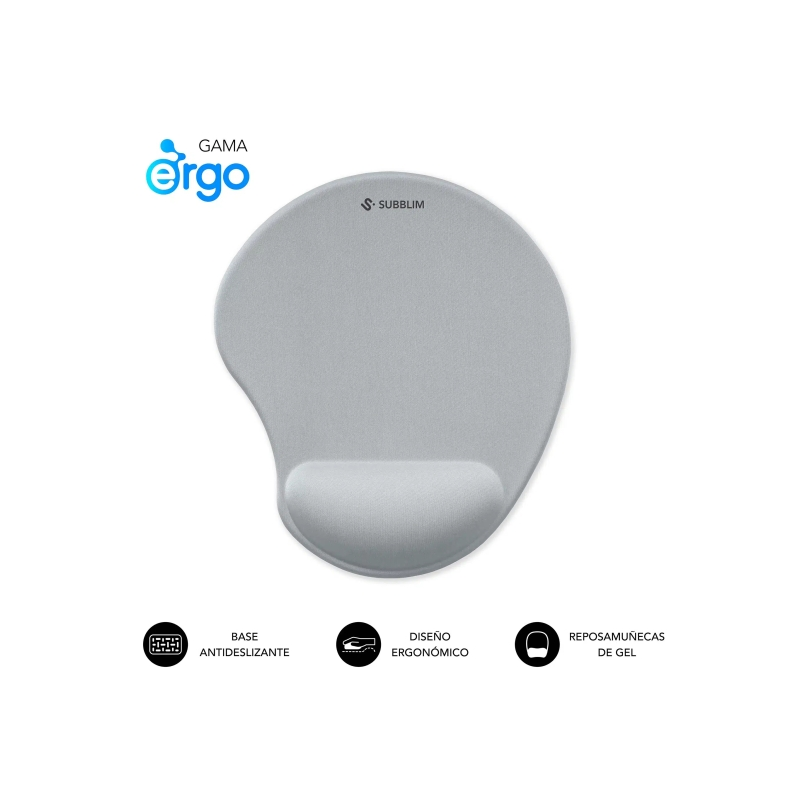 Tapis de souris ergonomique Subblim Ergo Neogel - Mousse résistante - Microtexturée imperméable - Base antidérapante - Argent