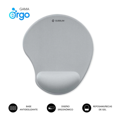 Tapis de souris ergonomique Subblim Ergo Neogel - Mousse résistante - Microtexturée imperméable - Base antidérapante - Argent