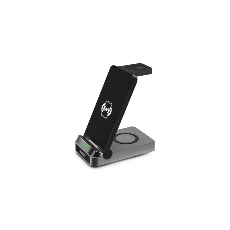 Chargeur sans fil 3-en-1 Urban Factory Powee Pro avec fonction support 22,5 W – Smartphone / Montre connectée / Casque – Noir