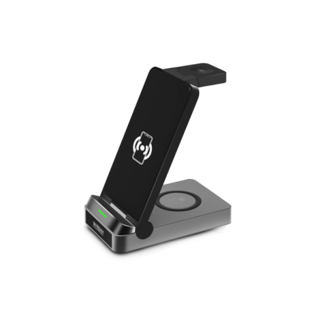 Chargeur sans fil 3-en-1 Urban Factory Powee Pro avec fonction support 22,5 W – Smartphone / Montre connectée / Casque – Noir