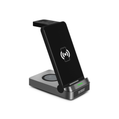 Chargeur sans fil 3-en-1 Urban Factory Powee Pro avec fonction support 22,5 W – Smartphone / Montre connectée / Casque – Noir