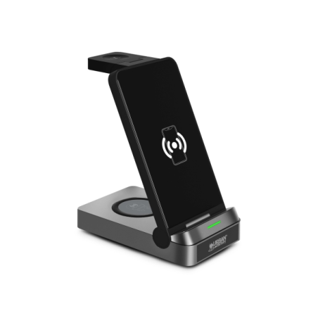 Chargeur sans fil 3-en-1 Urban Factory Powee Pro avec fonction support 22,5 W – Smartphone / Montre connectée / Casque – Noir