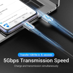 Câble USB-C 3.1 Vention - Puissance jusqu'à 60 W - Longueur 0,5 m - Vitesse jusqu'à 5 Gbit/s - Gaine en coton tressé - Gris