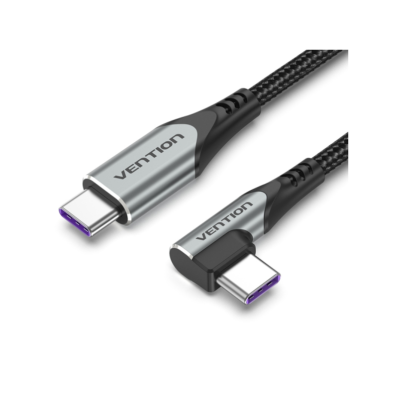 Câble USB-C coudé Vention - Alimentation 100 W - Longueur 2 m - Débit jusqu'à 480 Mbit/s - Gaine en nylon tressé - Gris