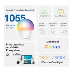 TP-Link Tapo L535E Bombilla Inteligente RGB - Intensidad Regulable - Formato A60 - Casquillo E27 - WiFi - Temporizador - Compati