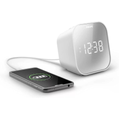 Radio-réveil Philips FM avec chargeur USB - Affichage LED effet miroir - Minuteur - Fonction snooze - 11 x 11 x 7,5 cm - Blanc