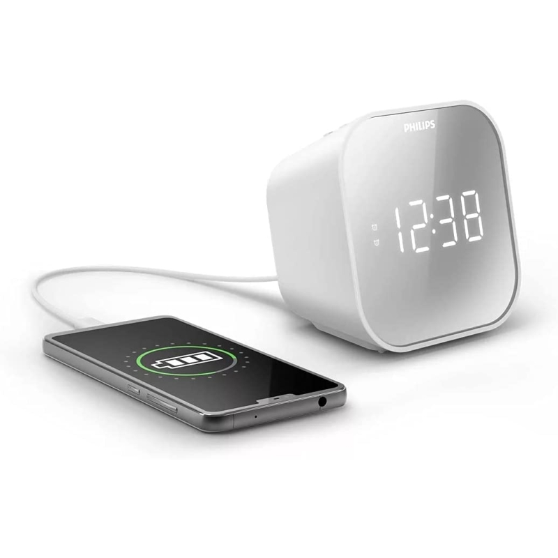 Radio-réveil Philips FM avec chargeur USB - Affichage LED effet miroir - Minuteur - Fonction snooze - 11 x 11 x 7,5 cm - Blanc