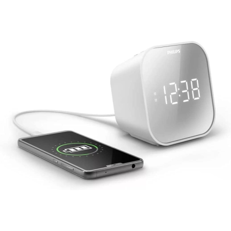 Radio-réveil Philips FM avec chargeur USB - Affichage LED effet miroir - Minuteur - Fonction snooze - 11 x 11 x 7,5 cm - Blanc