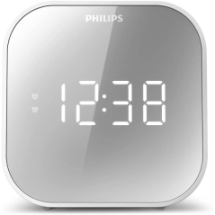 Radio-réveil Philips FM avec chargeur USB - Affichage LED effet miroir - Minuteur - Fonction snooze - 11 x 11 x 7,5 cm - Blanc